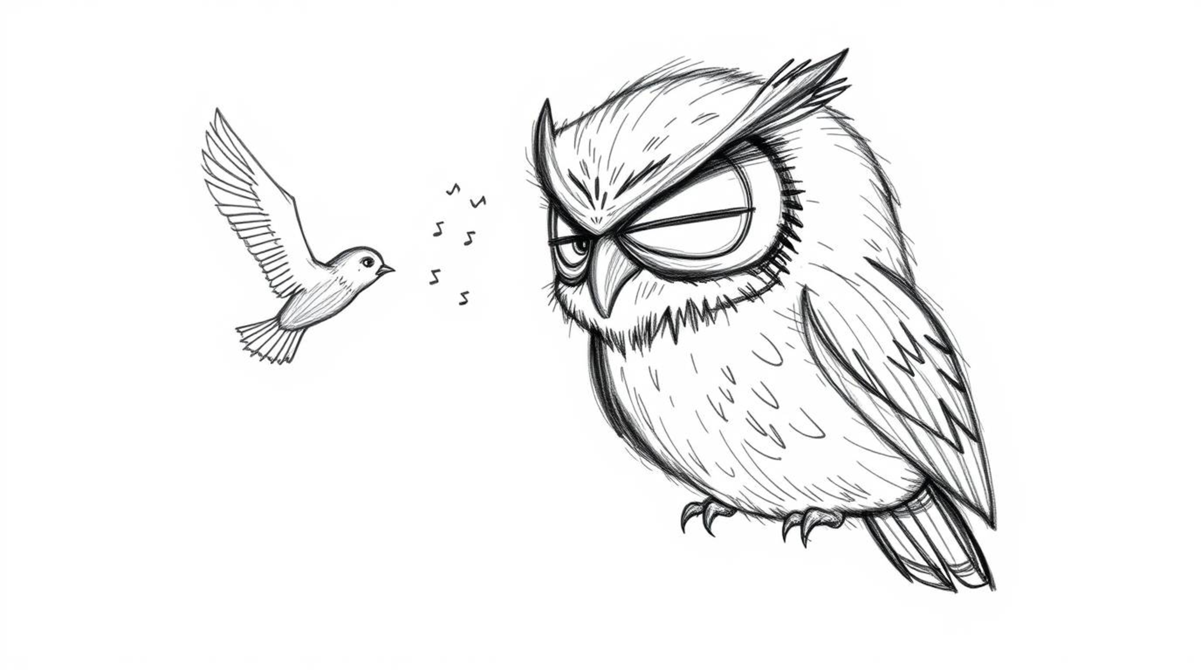 A heartwarming Pixar-style hand-drawn sketch depicts a blind owl with textured pencil strokes guiding birds in their first fl