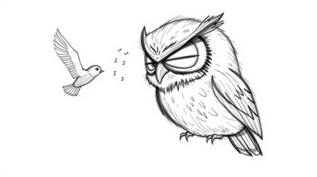 A heartwarming Pixar-style hand-drawn sketch depicts a blind owl with textured pencil strokes guiding birds in their first fl