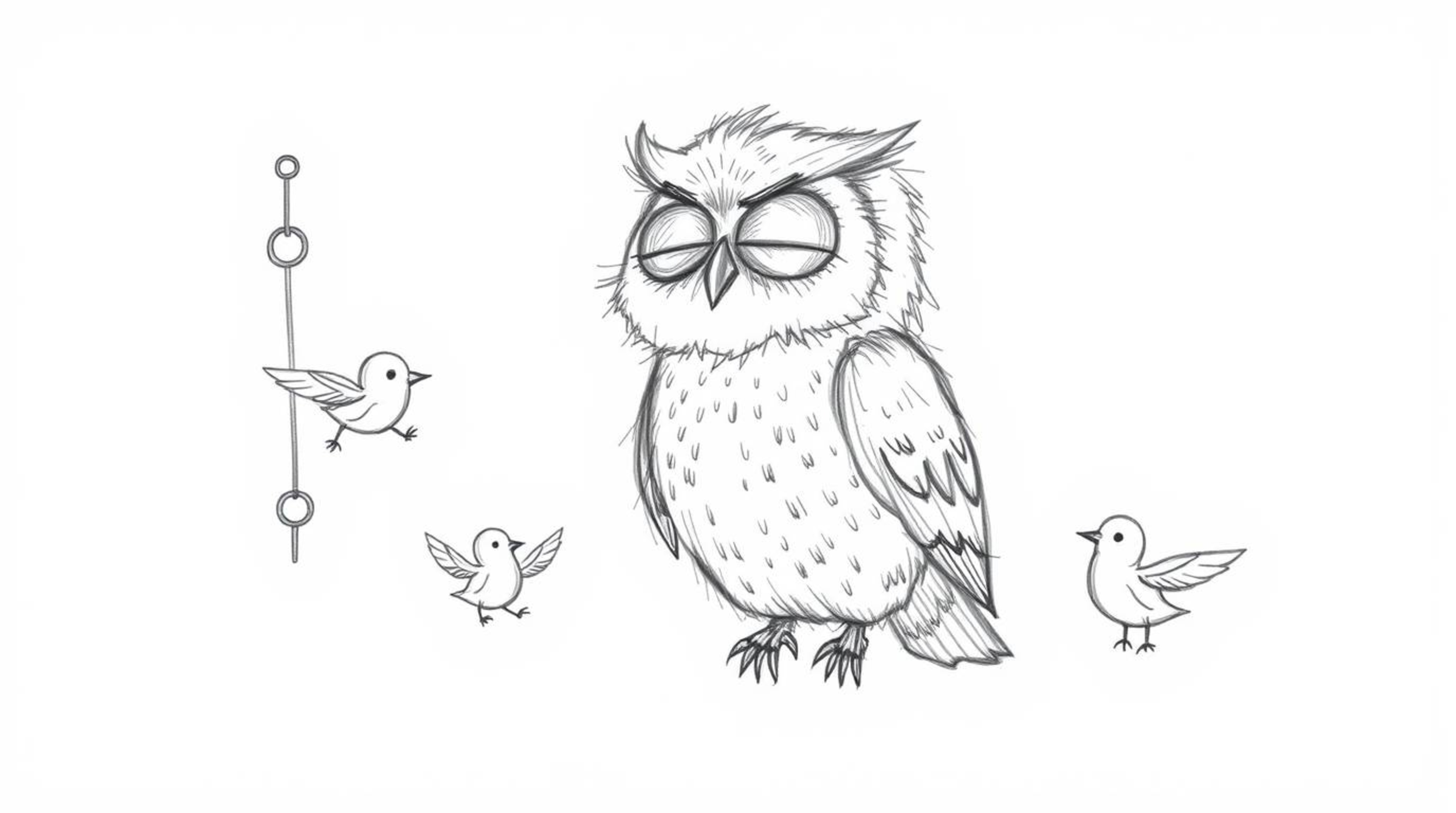 A heartwarming hand-drawn sketch in the style of Pixar depicts a blind owl with soft, feathery textures, patiently teaching s