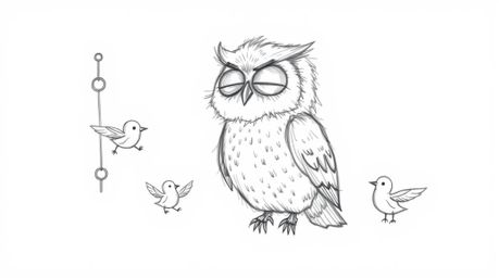 A heartwarming hand-drawn sketch in the style of Pixar depicts a blind owl with soft, feathery textures, patiently teaching s