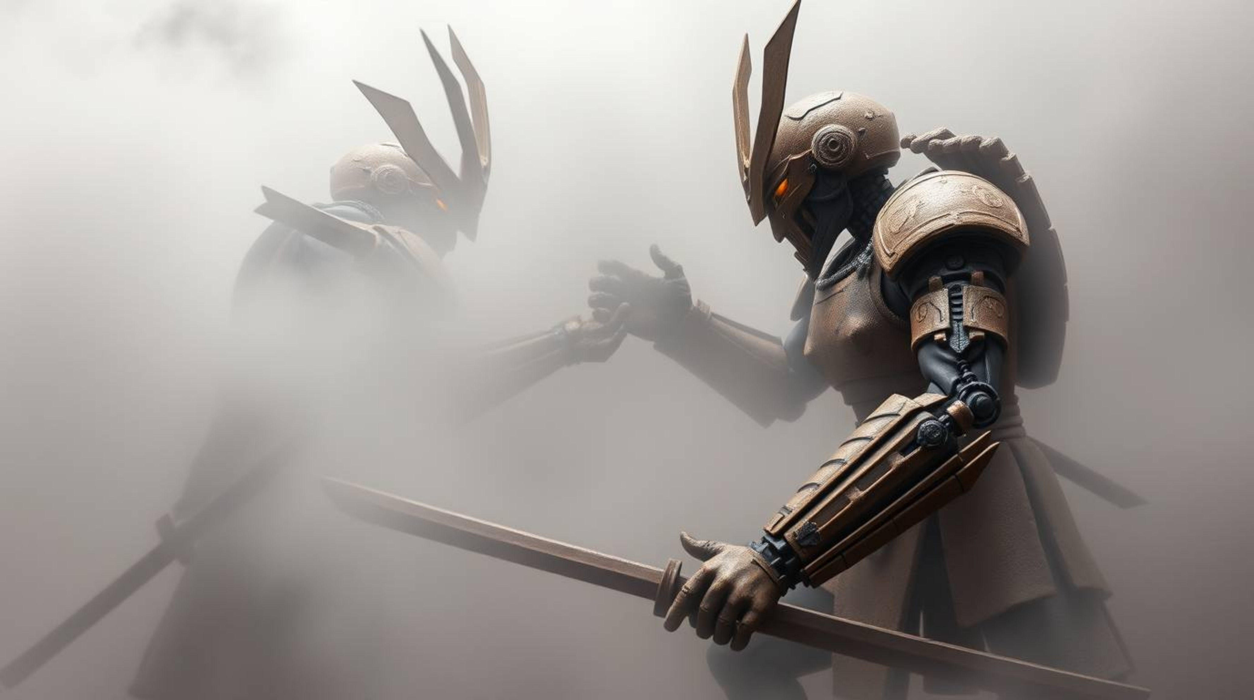 Immerse yourself in a dystopian world where a samurai and a robot clash in an epic battle, rendered entirely in sculptural cl