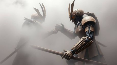 Immerse yourself in a dystopian world where a samurai and a robot clash in an epic battle, rendered entirely in sculptural cl