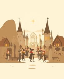 Explore a modern flat design interpretation of a magical school brimming with young wizards. The artwork utilizes natural ear