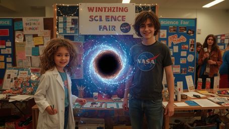 In a vibrant, cinematic photograph rendered in a hyper-realistic, Pixar-inspired style, a dynamic science fair duo unwittingl