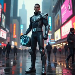 A time traveler in a sleek, high-tech suit navigates a vibrant, futuristic metropolis. The scene is filled with towering skys