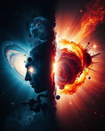 A dramatic, cinematic depiction of colliding galaxies, exploding in a vibrant cosmic display of light and color. This artwork