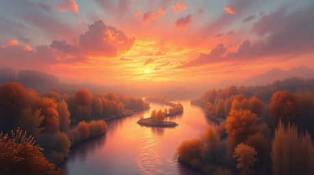 A captivating image depicts a winding river bathed in the warm glow of a dramatic orange-pink sunset.  The painterly style ev