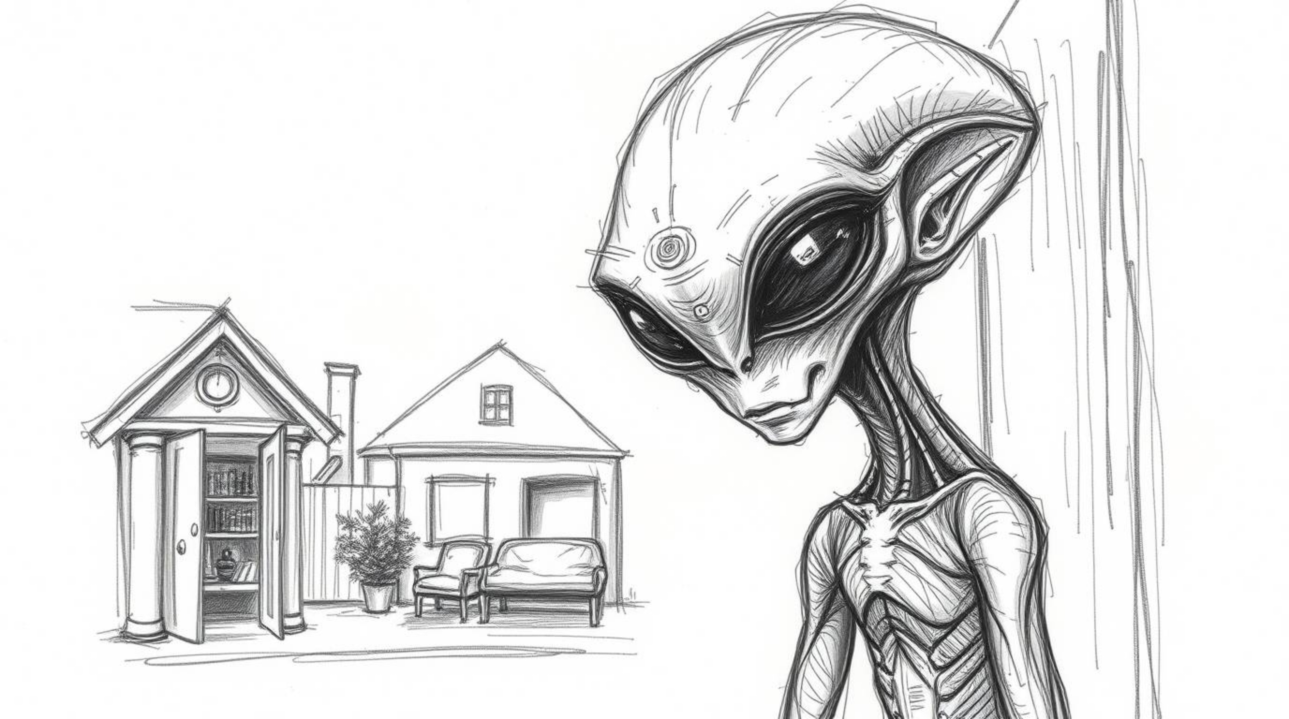 This is an extreme close-up, hand-drawn sketch depicting an alien residing in a suburban house. The artwork showcases rough t