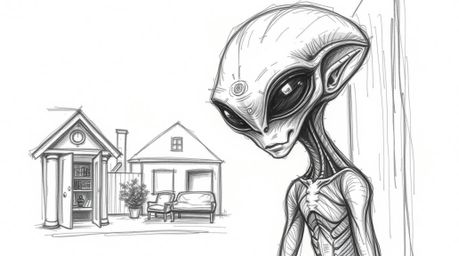 This is an extreme close-up, hand-drawn sketch depicting an alien residing in a suburban house. The artwork showcases rough t