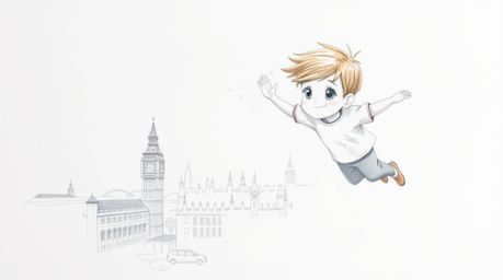 A hand-drawn sketch depicts a young boy with light brown hair and bright eyes soaring above a hazy London skyline, propelled 