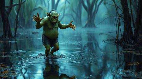 A whimsical scene depicting an ogre dancing in a swamp, rendered in a wet and rainy style with iridescent colors and captivat