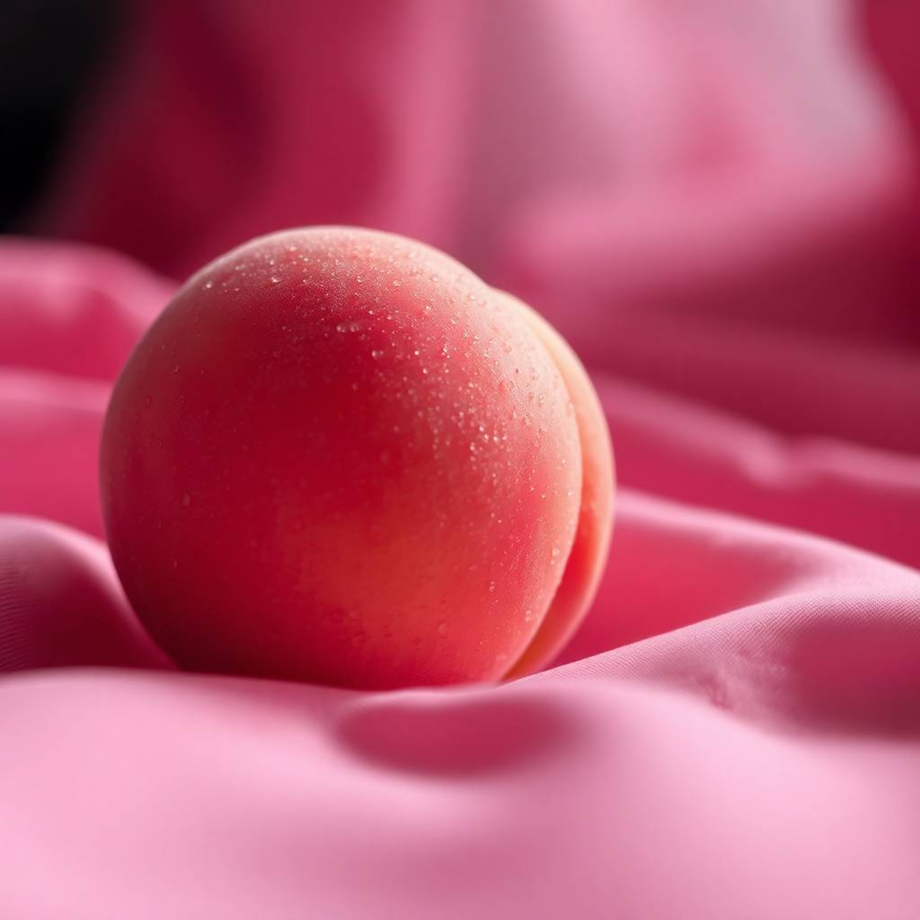 A captivating close-up ASMR image showcases a soft, blushing pink peach resting on silky pastel pink fabric. The peach's deli