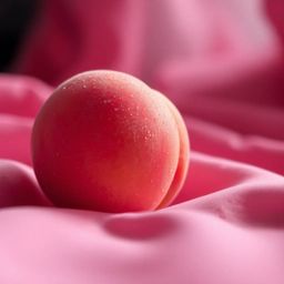 A captivating close-up ASMR image showcases a soft, blushing pink peach resting on silky pastel pink fabric. The peach's deli