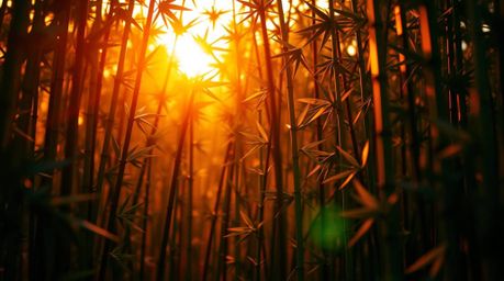 A mesmerizing close-up captures an intricate origami-style bamboo forest bathed in the warm hues of a sunset. The artwork exh