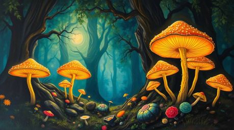 This vintage-style enchanted forest painting features glowing mushrooms illuminated by strong, hard light. The artwork boasts