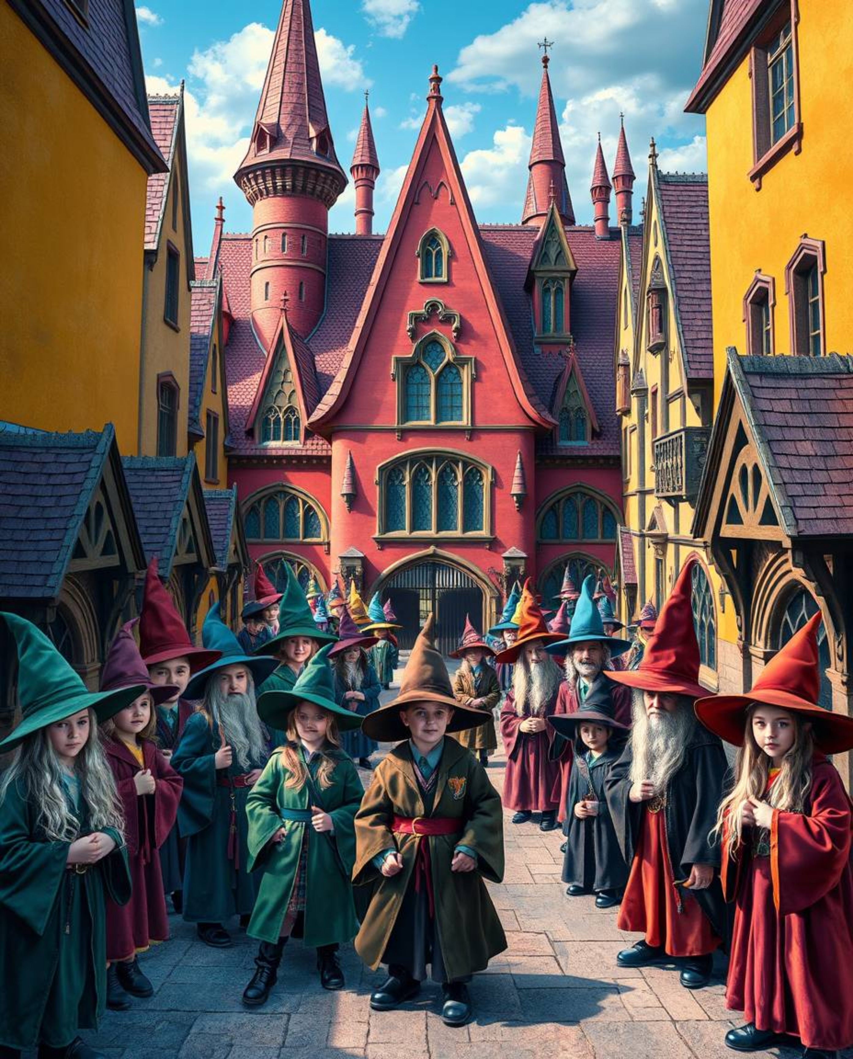 Discover a captivating world of magic and wonder in this digital artwork depicting a magical school brimming with young wizar