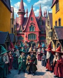 Discover a captivating world of magic and wonder in this digital artwork depicting a magical school brimming with young wizar
