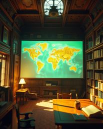 Immerse yourself in a vibrant and brightly colored cinematic depiction featuring a glowing map projected in the air within an