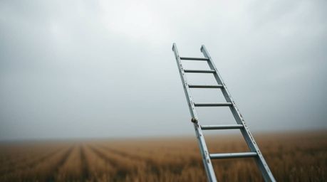 A cinematic macro shot of a silver ladder in an open field, under a cloudy sky, serves as a powerful symbol of opportunity. T