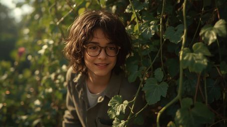 In a warm and intimate cinematic photograph, a gentle, bespectacled homeschooled genius with a kind smile and unruly curly br