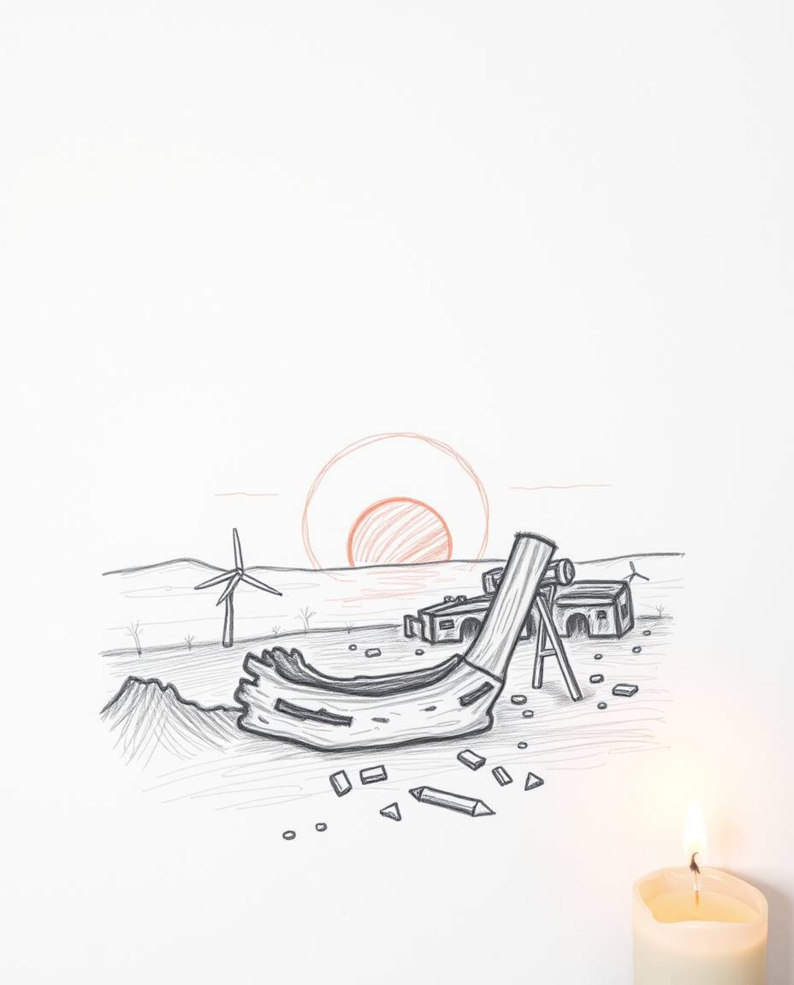 This collection features hand-drawn sketches depicting a sunrise over a war-torn landscape, rendered with rough lines and tex