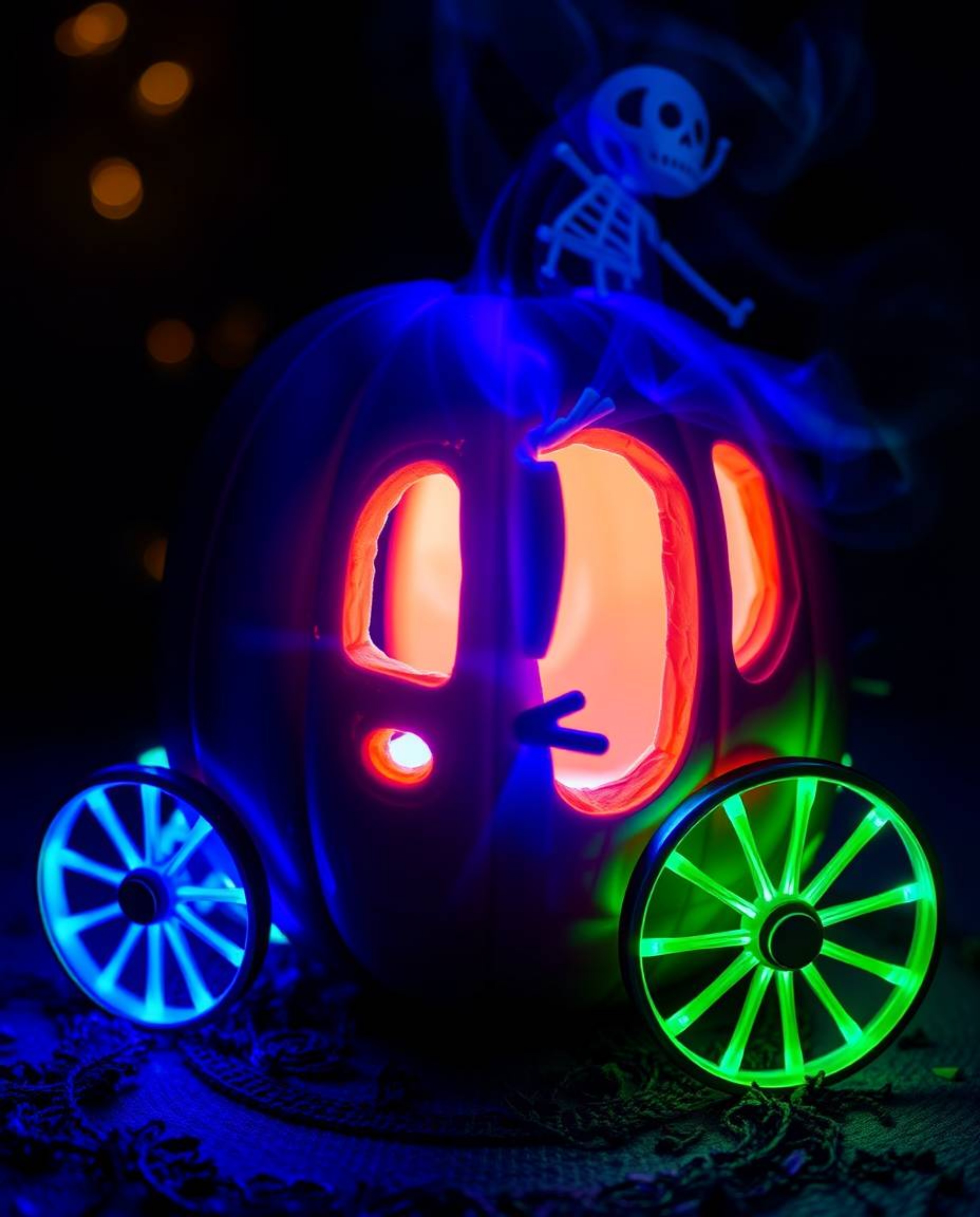 Witness the enchanting spectacle of a pumpkin magically transforming into a vibrant carriage, glowing with bioluminescent blu
