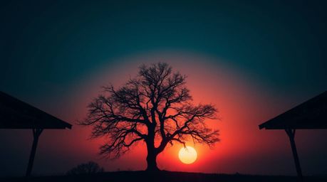 A captivating image of a lone tree silhouetted against a vibrant fiery sunset.  The photograph showcases precise architectura