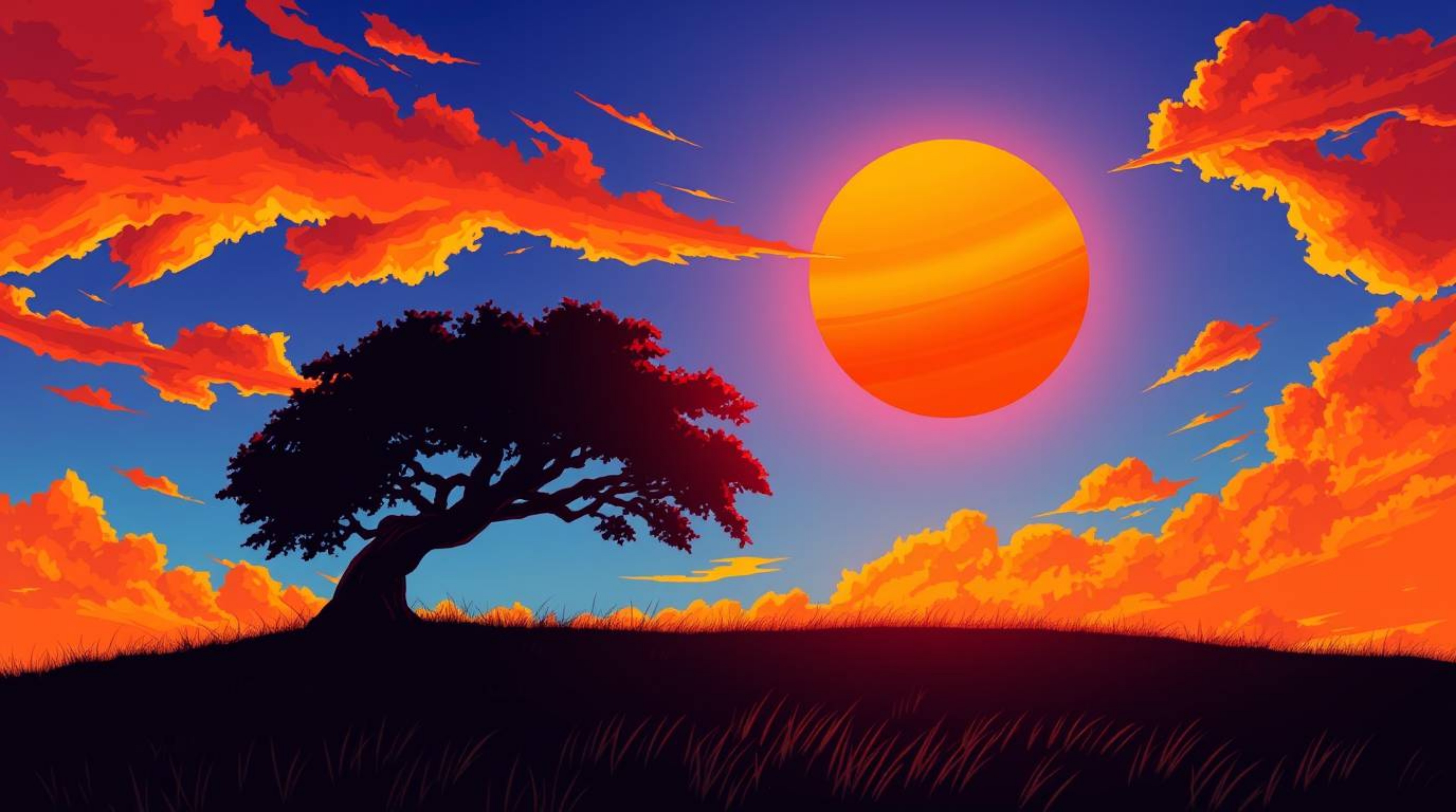 A captivating image depicting a lone tree silhouetted against a fiery sunset, rendered in a vibrant Isekai anime style.  The 