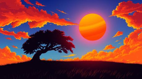 A captivating image depicting a lone tree silhouetted against a fiery sunset, rendered in a vibrant Isekai anime style.  The 