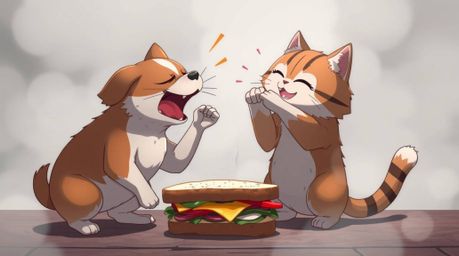 This isekai anime-style illustration captures a humorous scene of a dog and cat locked in a comical battle over an enormous s