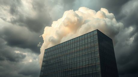 This cast bronze sculpture captures a modern glass building seemingly dissolving into a dramatic, stormy sky. Soft clouds del