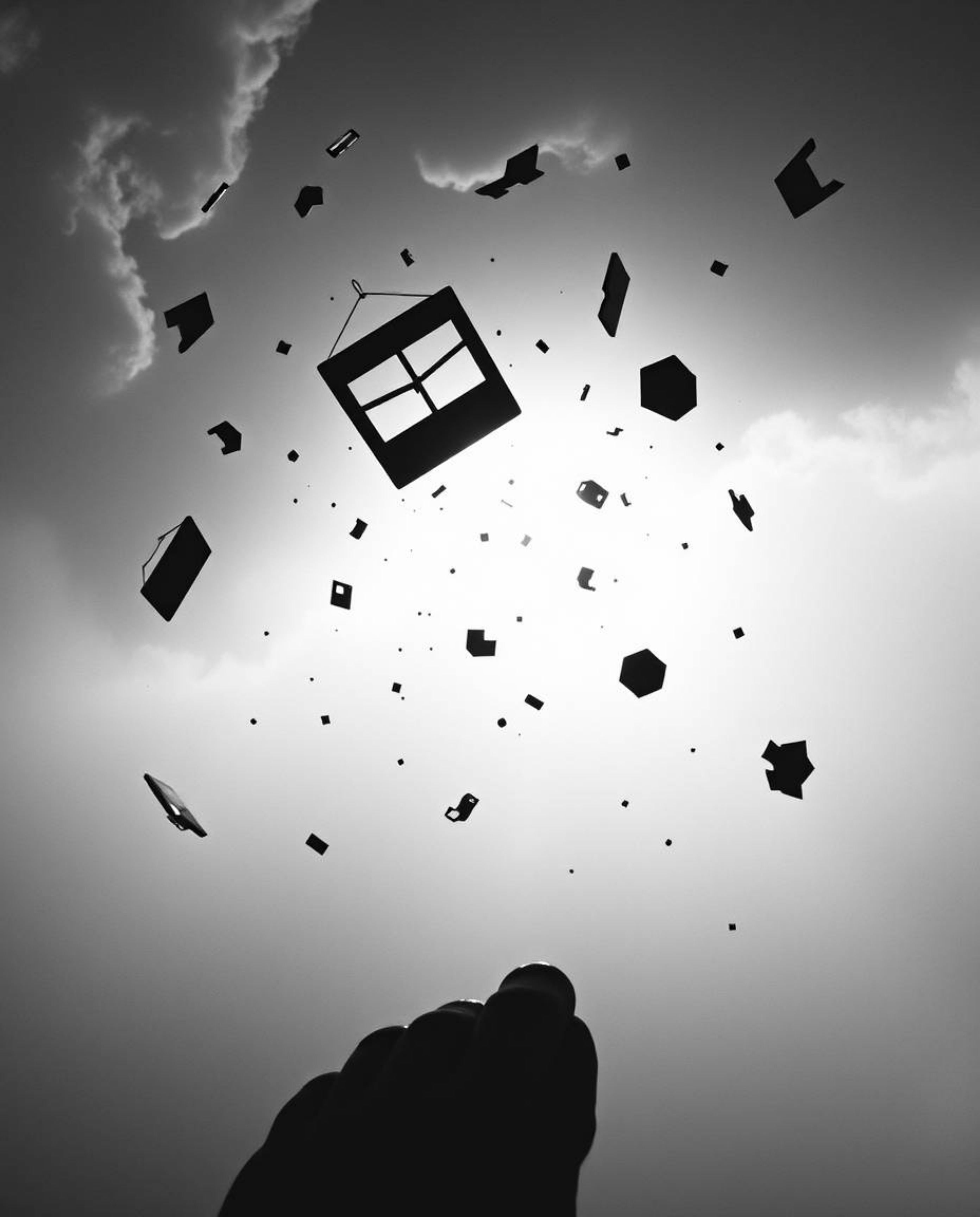 This classic black and white photograph captures a surreal storm scene with flying objects and broken gravity, all silhouette