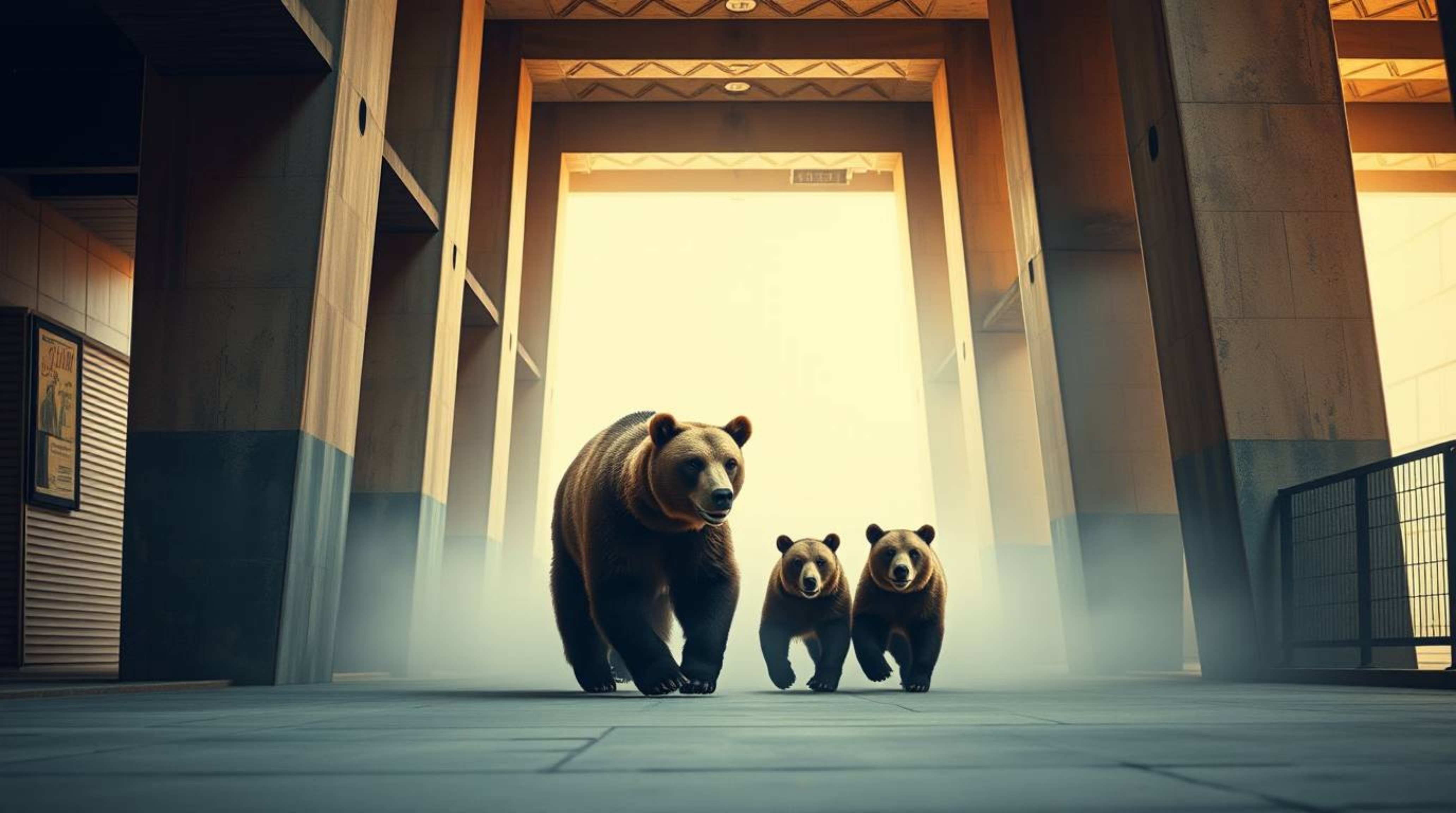 Explore a captivating volumetric architectural color photograph depicting a bear family embarking on an urban adventure. This