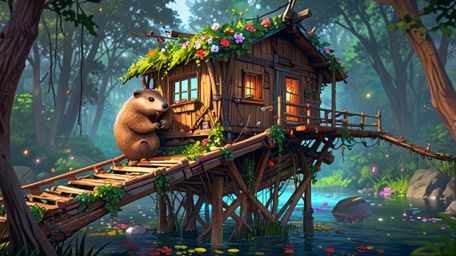 In a beautifully vibrant scene, rendered in a delightful mix of Pixar and anime styles, a kind beaver and a group of orphaned