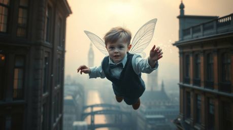 A captivating scene of a young boy soaring above London, empowered by pixie dust, bathed in a soft, dreamy atmosphere. The ar