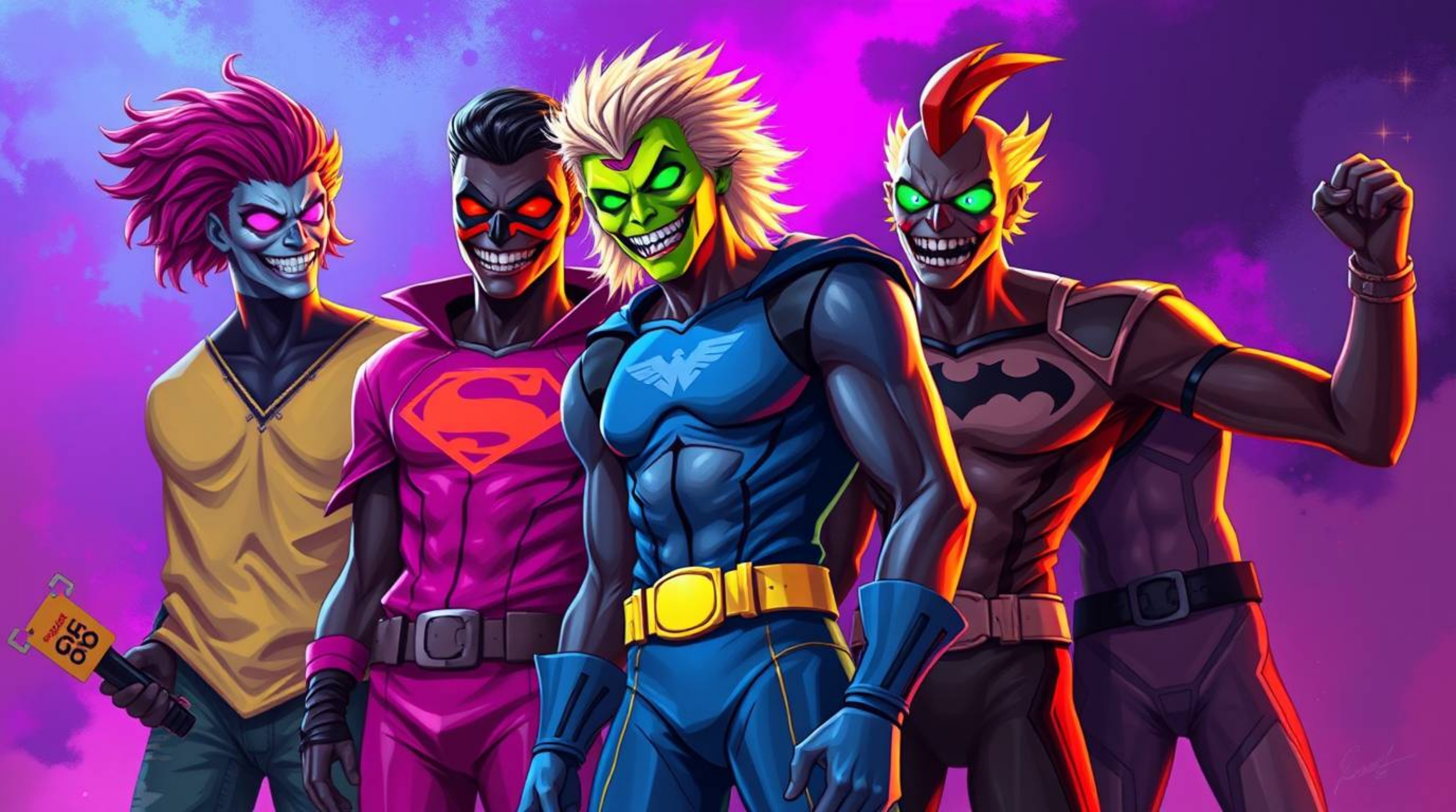 A vibrant digital painting showcases a team of misfit heroes coming together.  The artwork features electric, vivid colors an