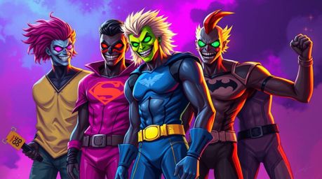 A vibrant digital painting showcases a team of misfit heroes coming together. The artwork features electric, vivid colors an