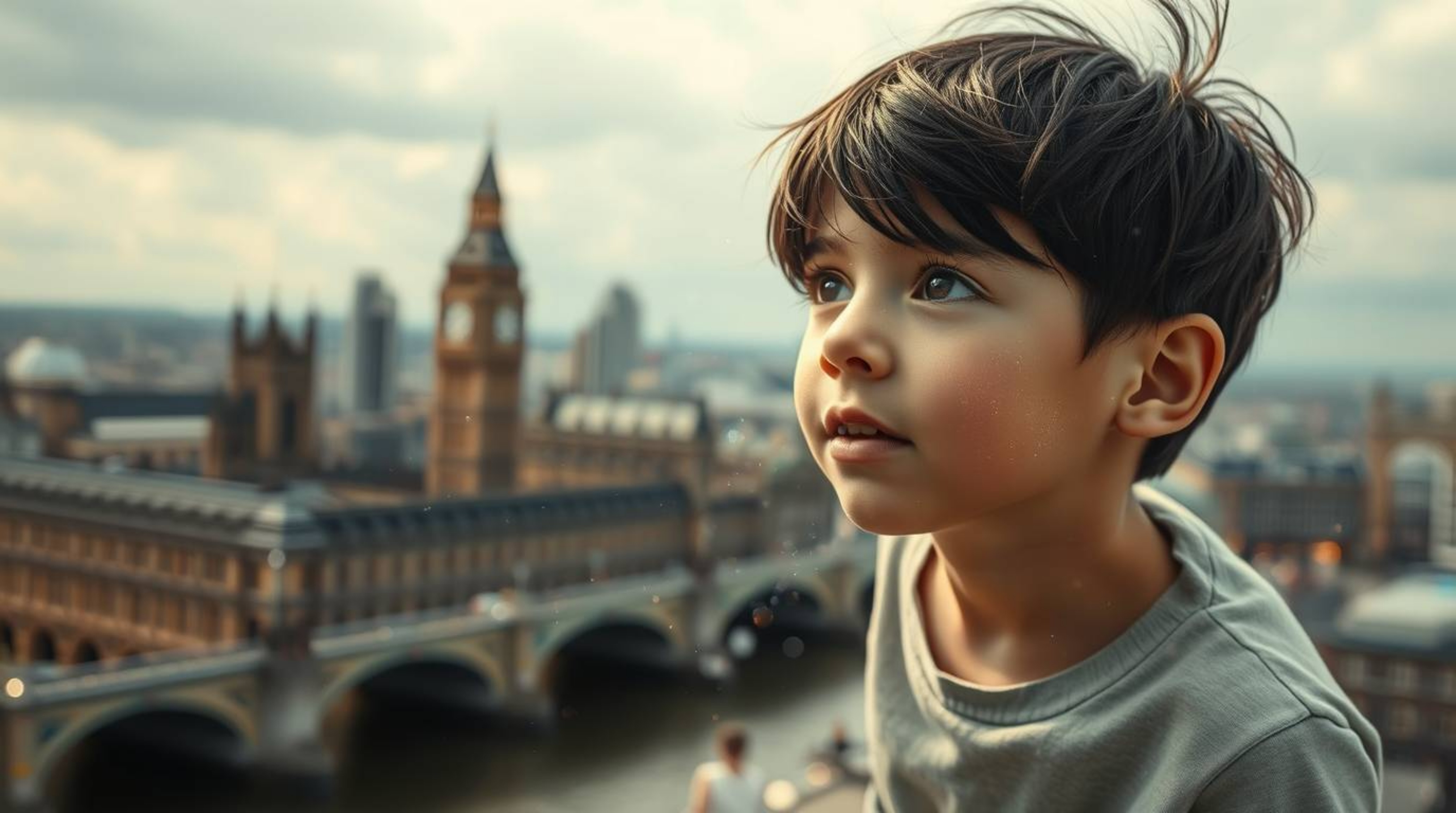 A surreal and dreamlike scene unfolds as a young boy with fair skin and dark hair soars above a blurred, bokeh-infused London