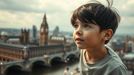 A surreal and dreamlike scene unfolds as a young boy with fair skin and dark hair soars above a blurred, bokeh-infused London