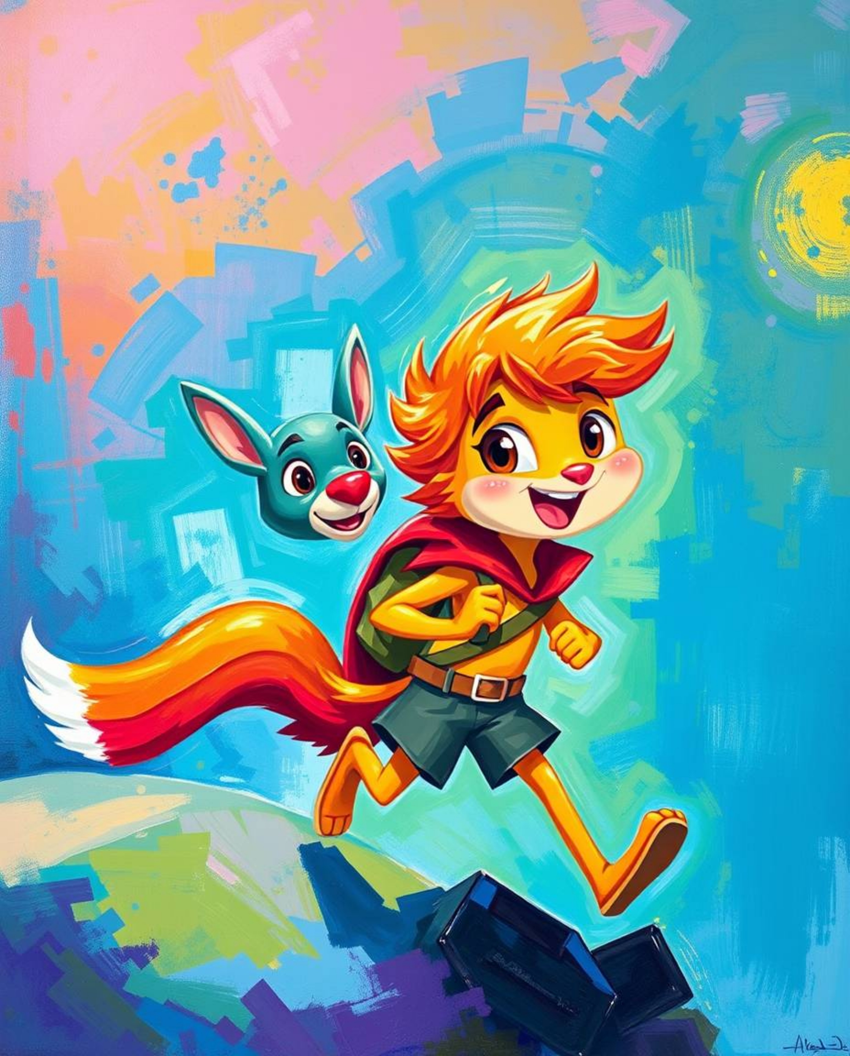 Experience a vibrant and energetic painting depicting a hero on a journey, assisted by a lively talking animal sidekick. This