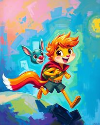 Experience a vibrant and energetic painting depicting a hero on a journey, assisted by a lively talking animal sidekick. This