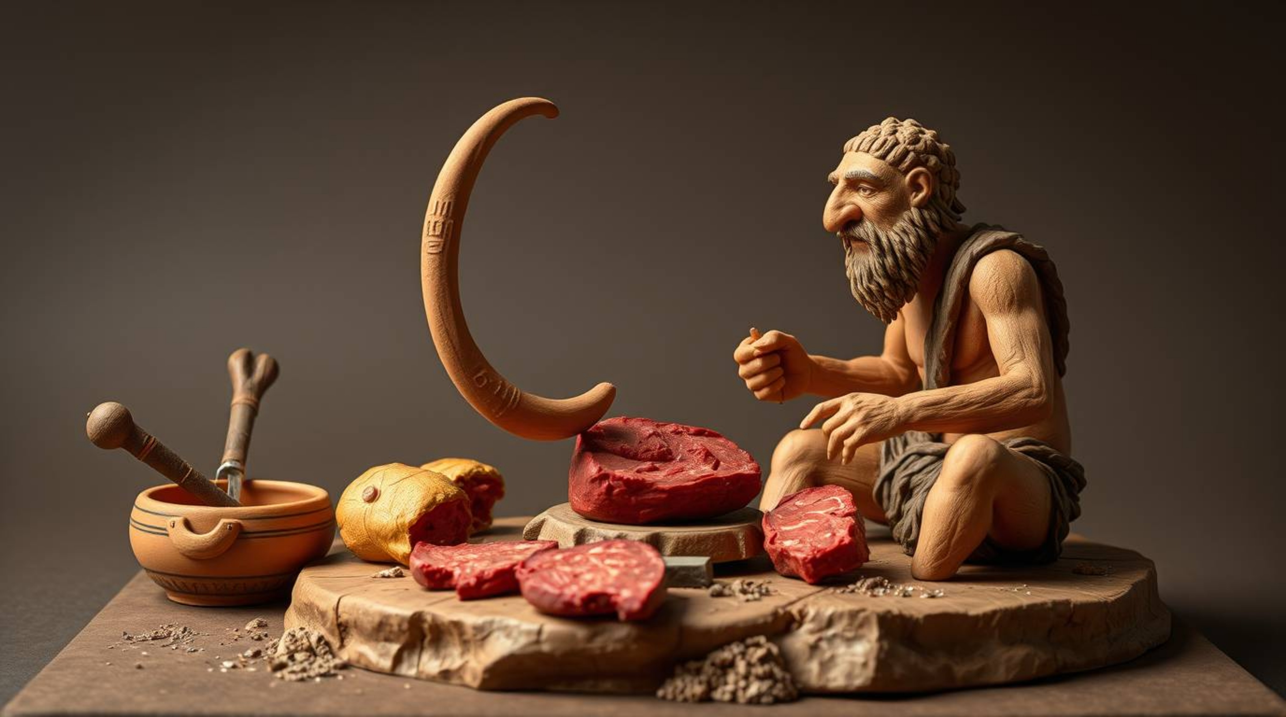 This sculptural clay artwork vividly depicts a caveman cooking mammoth meat, utilizing vibrant complementary colors and balan