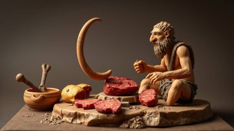This sculptural clay artwork vividly depicts a caveman cooking mammoth meat, utilizing vibrant complementary colors and balan