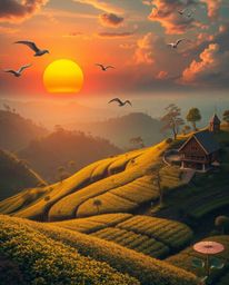 This is an adorable and charming piece of dreamlike, surreal imagery, capturing a sunset over terraced tea plantations. The a
