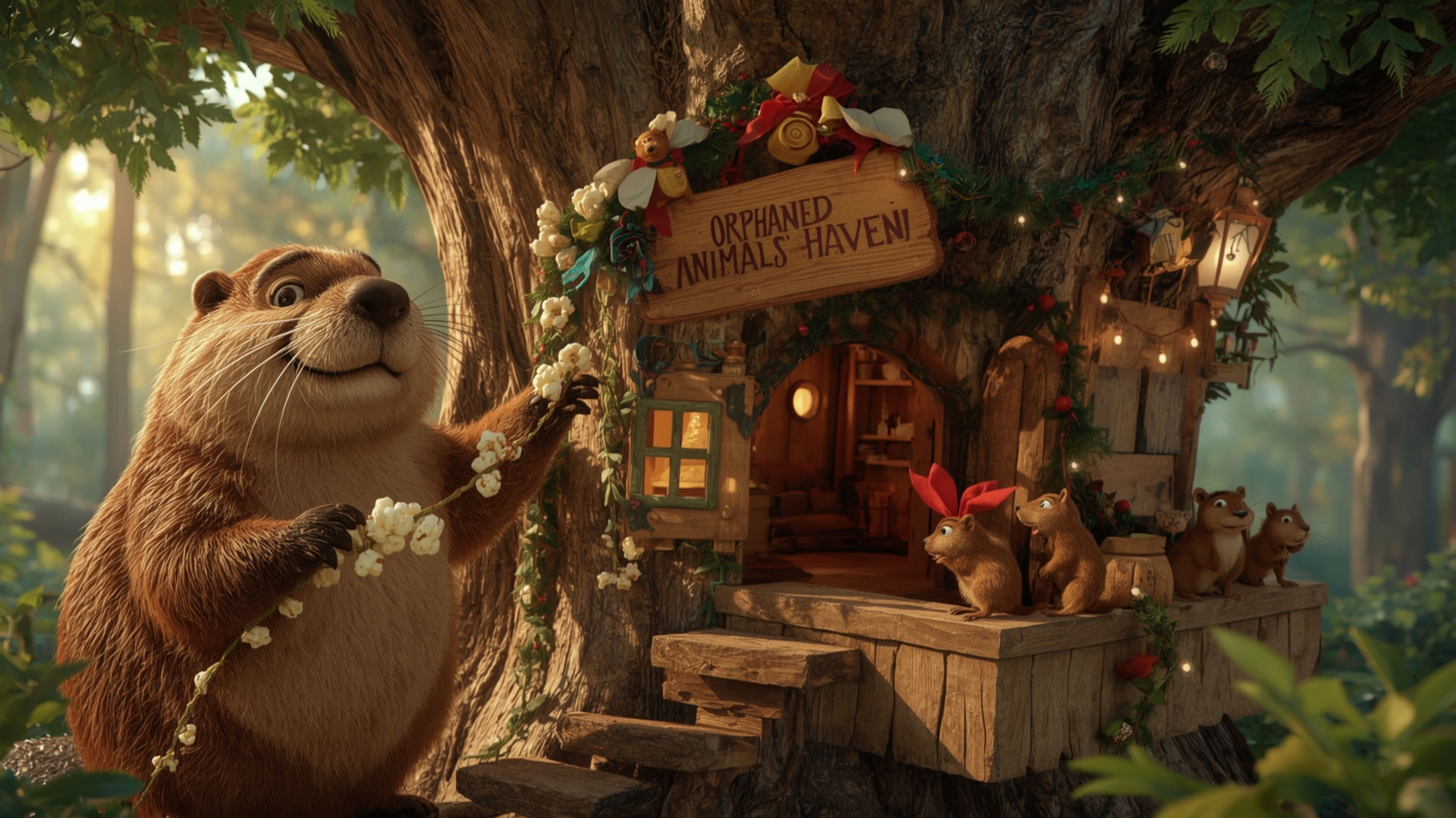 A highly detailed, high-resolution stock photo shows a kind-faced beaver building an intricately designed treehouse in a lush