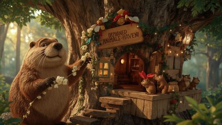 A highly detailed, high-resolution stock photo shows a kind-faced beaver building an intricately designed treehouse in a lush