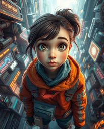 A captivating high-angle shot depicts a young, curious inventor girl in a futuristic city brimming with advanced technology a