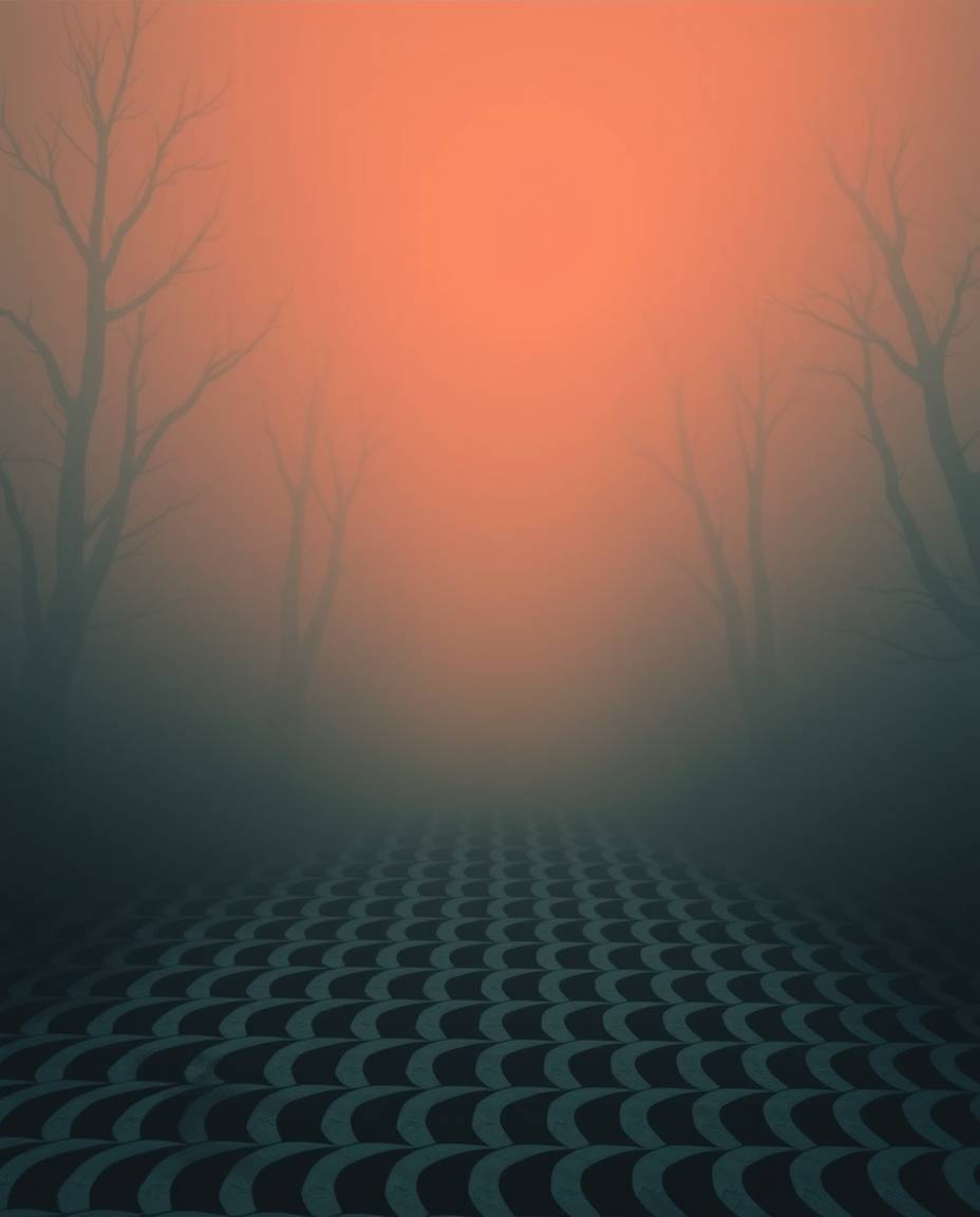 Explore an unsettling world of eerie atmospheres and retro vibes, featuring contrasting warm terracotta and cool teal hues sh