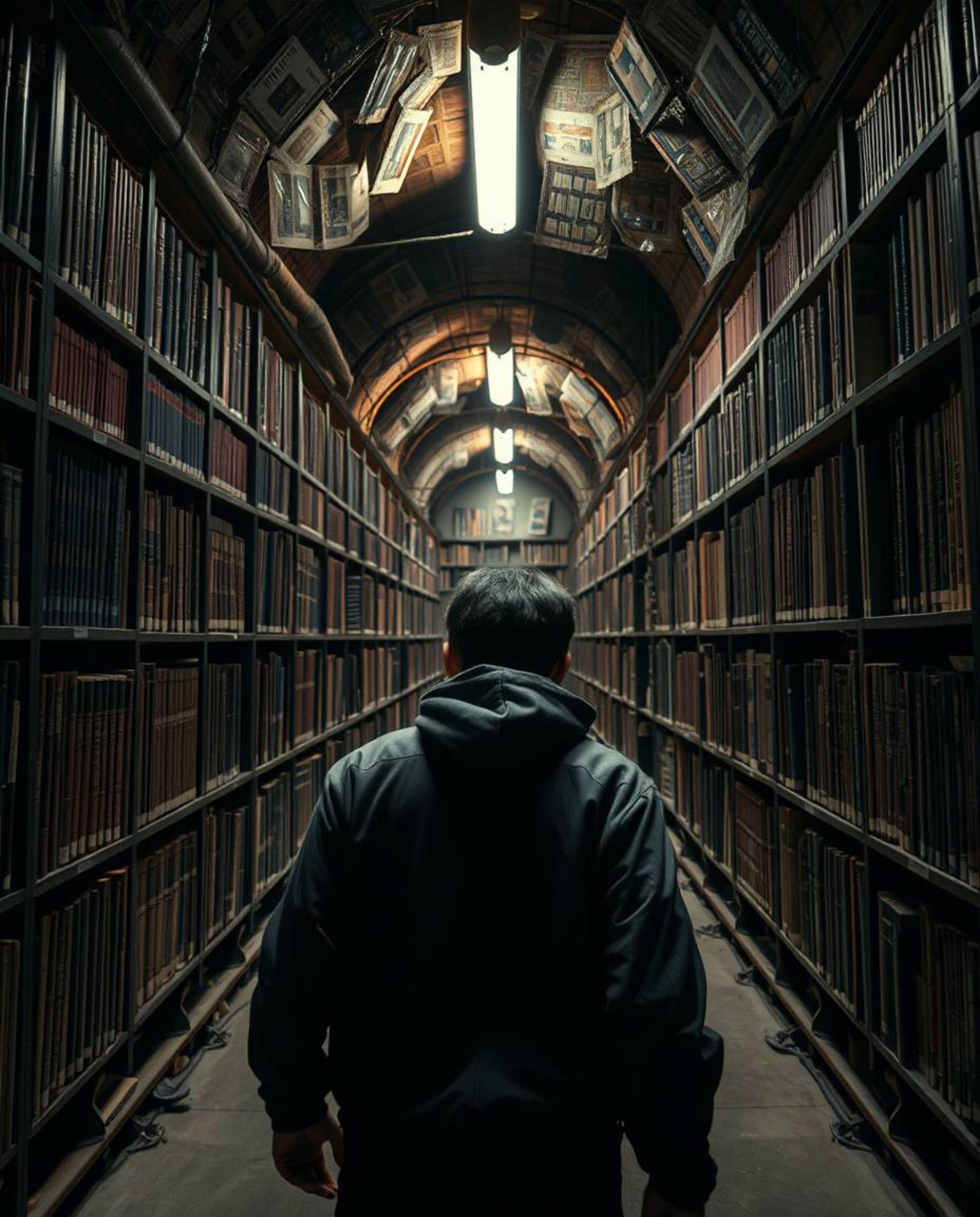 Discover a captivating high-resolution stock photo showcasing a person's awe-inspiring discovery of a hidden underground libr