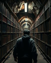 Discover a captivating high-resolution stock photo showcasing a person's awe-inspiring discovery of a hidden underground libr